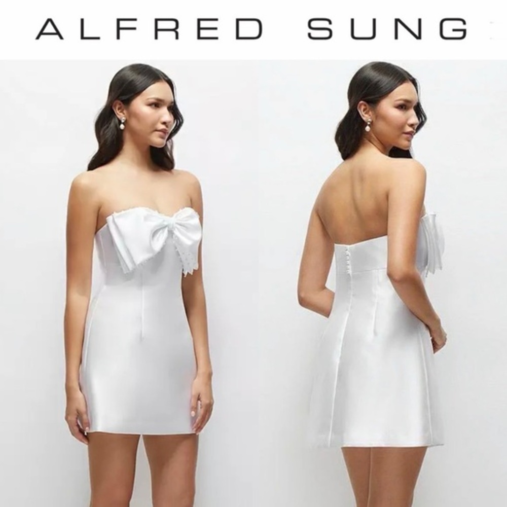 ALFRED SUNG Imitation Pearl & Bow Detail Strapless Cocktail Minidress White Sz 0